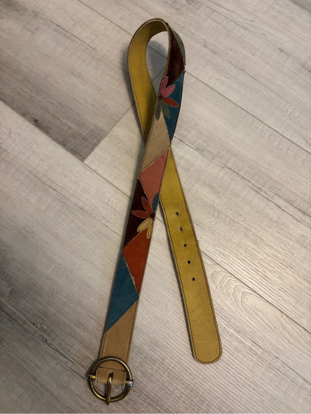 Lucky Brand Patchwork Suede Leather Belt Floral Boho Festival Western 32